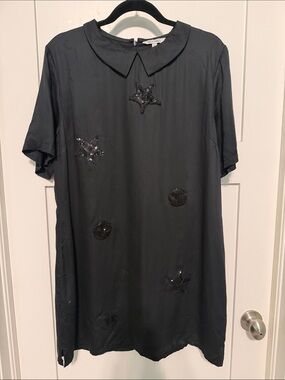 Benares Black Short-Sleeve Satin Mini Dress with Sequin Star Appliqué Whimsigoth